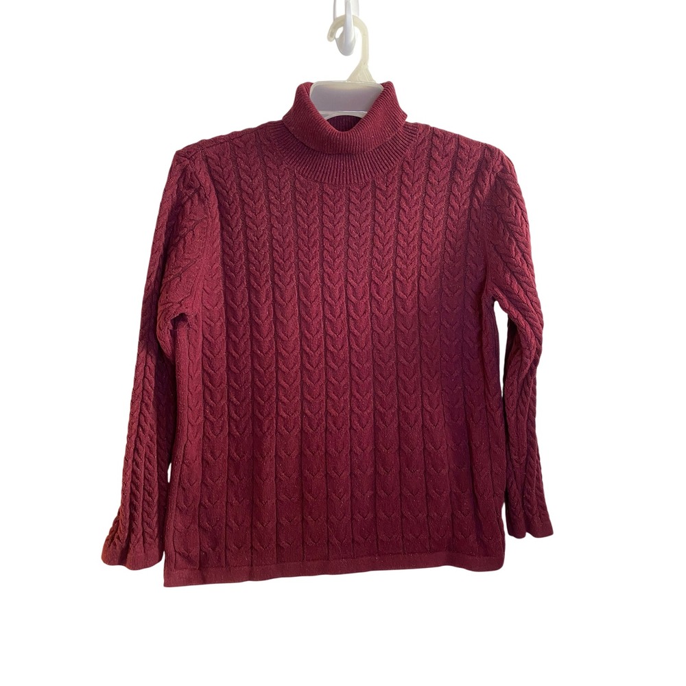 J Jill Burgundy Red Cable Knit Turtleneck Sweater Cotton Silk Blend Large Maroon
